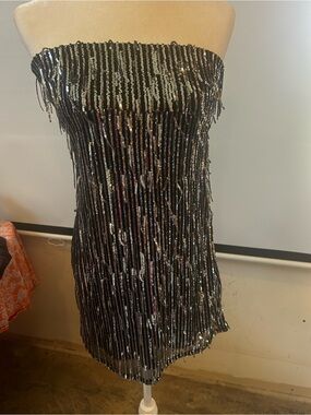 silence + noise Black Strapless Sequin Fringe Mini Dress